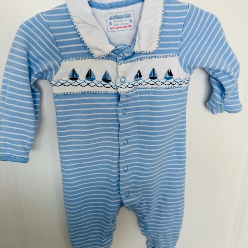 JoJo Maman Bebe Blue Boat Embroidered Sleepsuit 3-6M